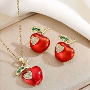 Red Apple Heart Pendant Necklace and Earrings Set - Gold Tone